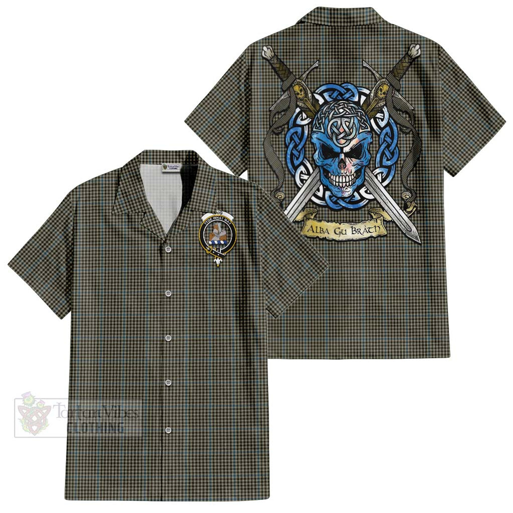 Tartan Vibes Clothing Haig Tartan Short Sleeve Button Shirt with Family Crest Celtic Skull Style