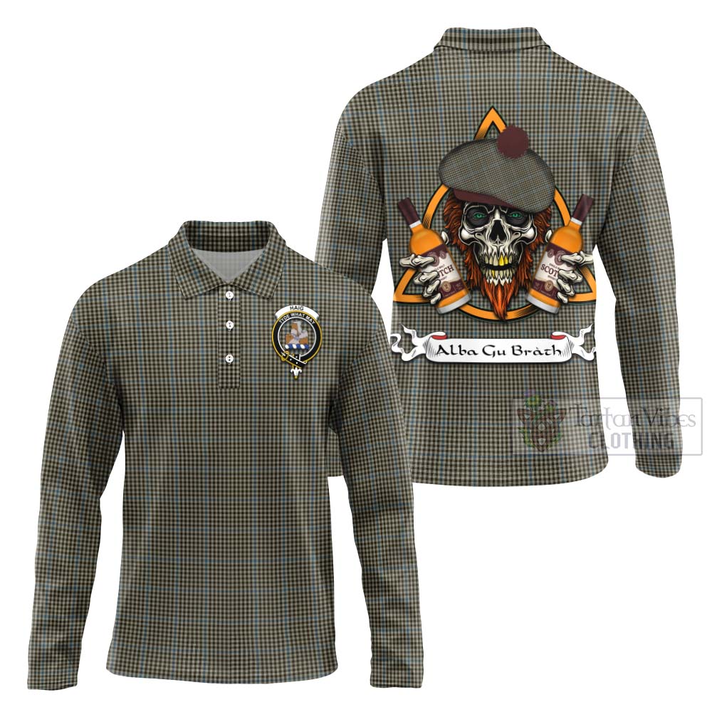 Tartan Vibes Clothing Haig Tartan Long Sleeve Polo Shirt with Family Crest and Bearded Skull Holding Bottles of Whiskey