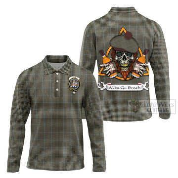 Haig Tartan Long Sleeve Polo Shirt with Family Crest and Bearded Skull Holding Bottles of Whiskey