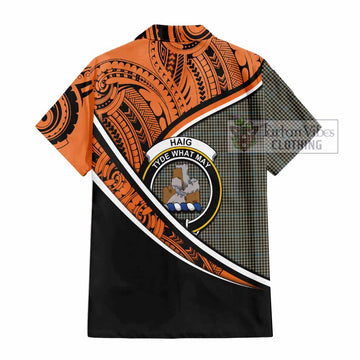 Haig Crest Tartan Short Sleeve Button Shirt with Polynesian Vibes Style - Orange Version