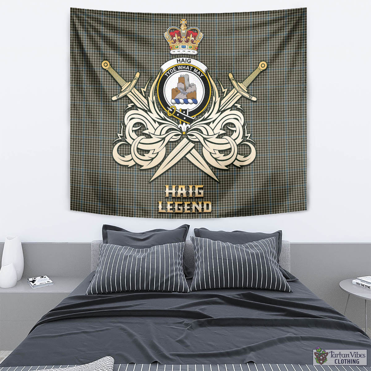 Tartan Vibes Clothing Haig Tartan Tapestry with Clan Crest and the Golden Sword of Courageous Legacy