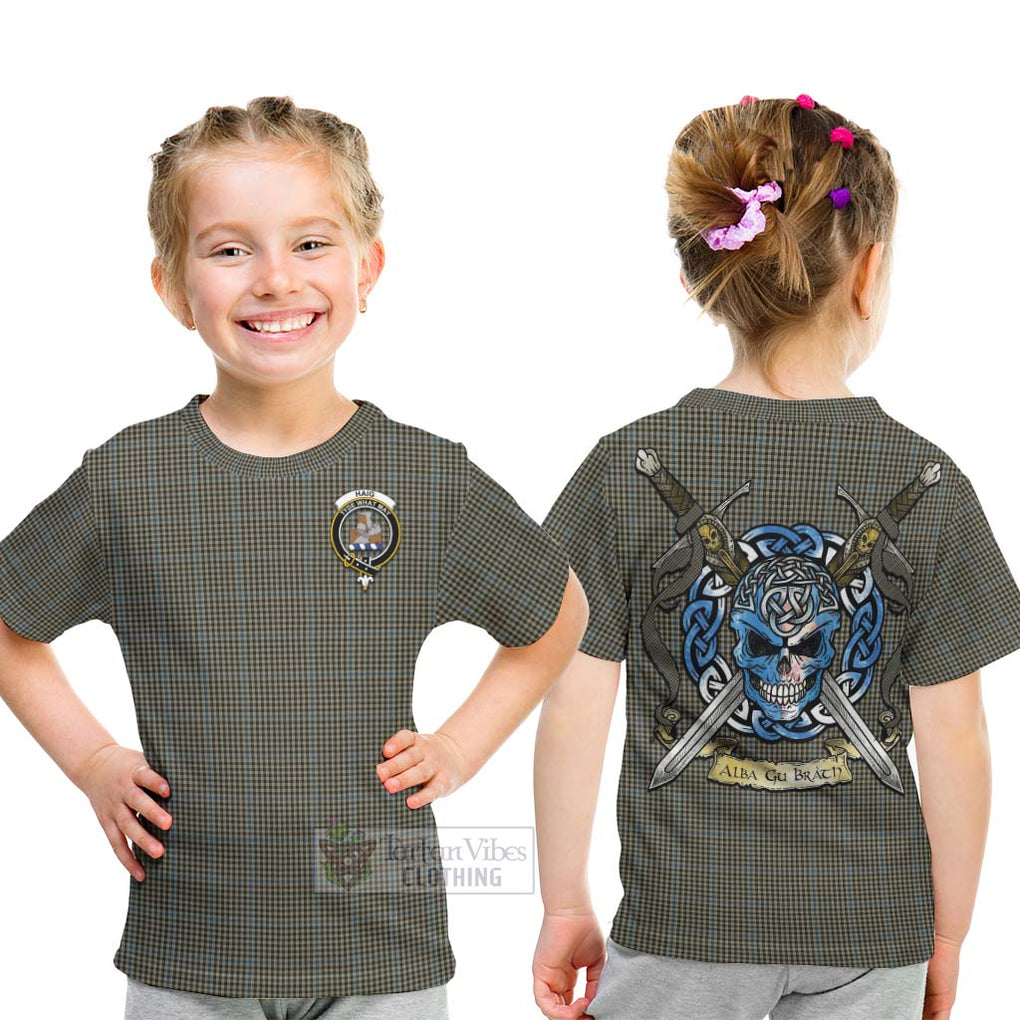 Tartan Vibes Clothing Haig Tartan Kid T-Shirt with Family Crest Celtic Skull Style