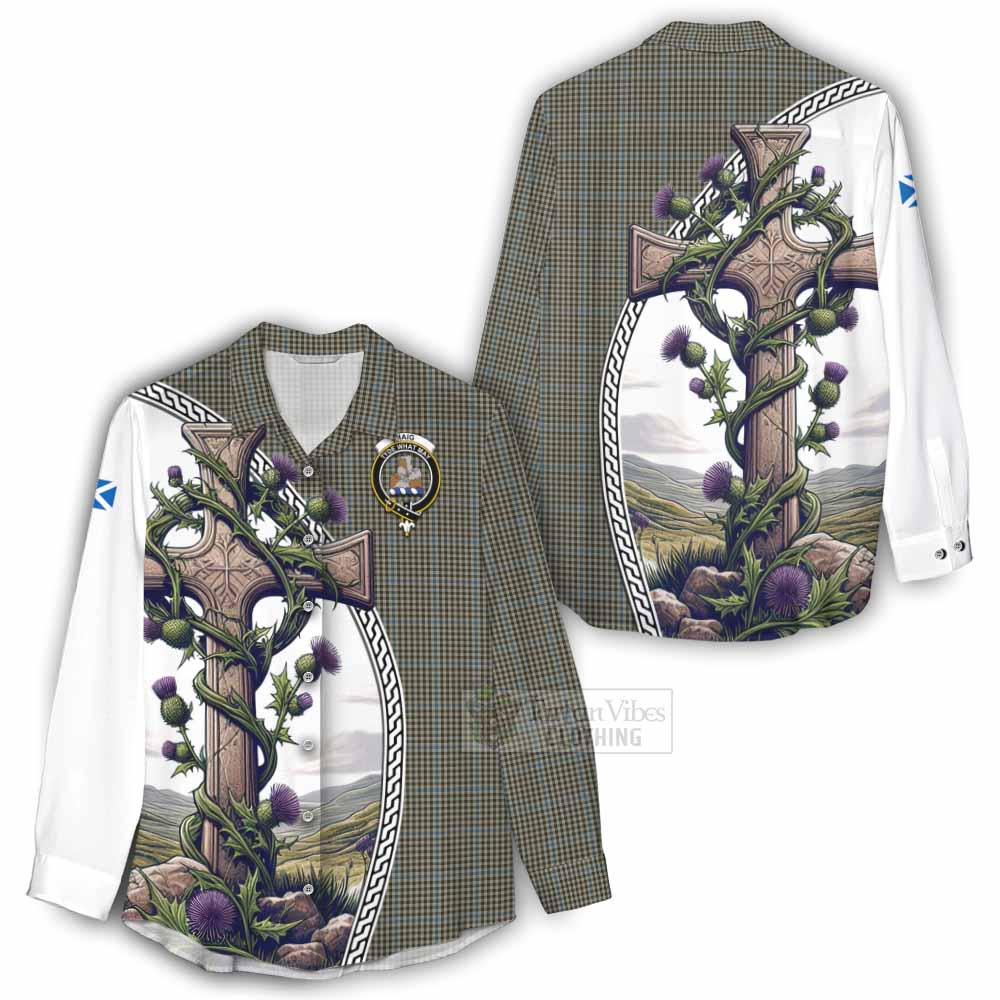 Tartan Vibes Clothing Haig Tartan Women's Casual Shirt with Family Crest and St. Andrew's Cross Accented by Thistle Vines