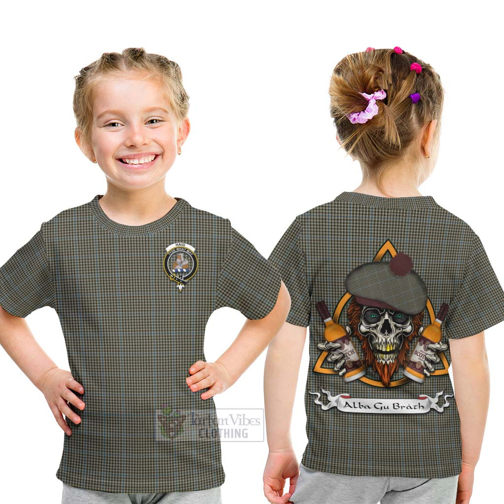 Tartan Vibes Clothing Haig Tartan Kid T-Shirt with Family Crest and Bearded Skull Holding Bottles of Whiskey