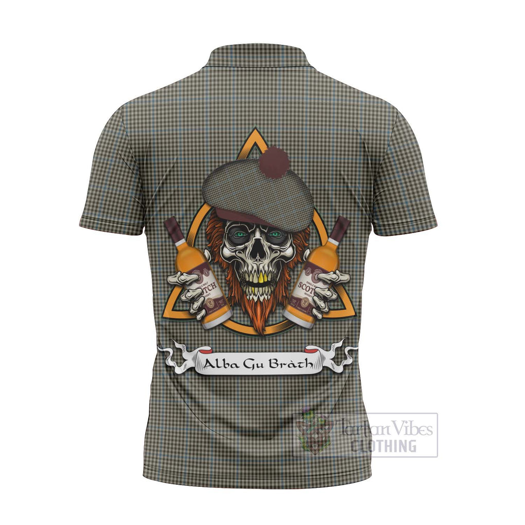 Tartan Vibes Clothing Haig Tartan Zipper Polo Shirt with Family Crest and Bearded Skull Holding Bottles of Whiskey