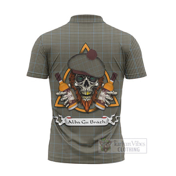 Haig Tartan Zipper Polo Shirt with Family Crest and Bearded Skull Holding Bottles of Whiskey