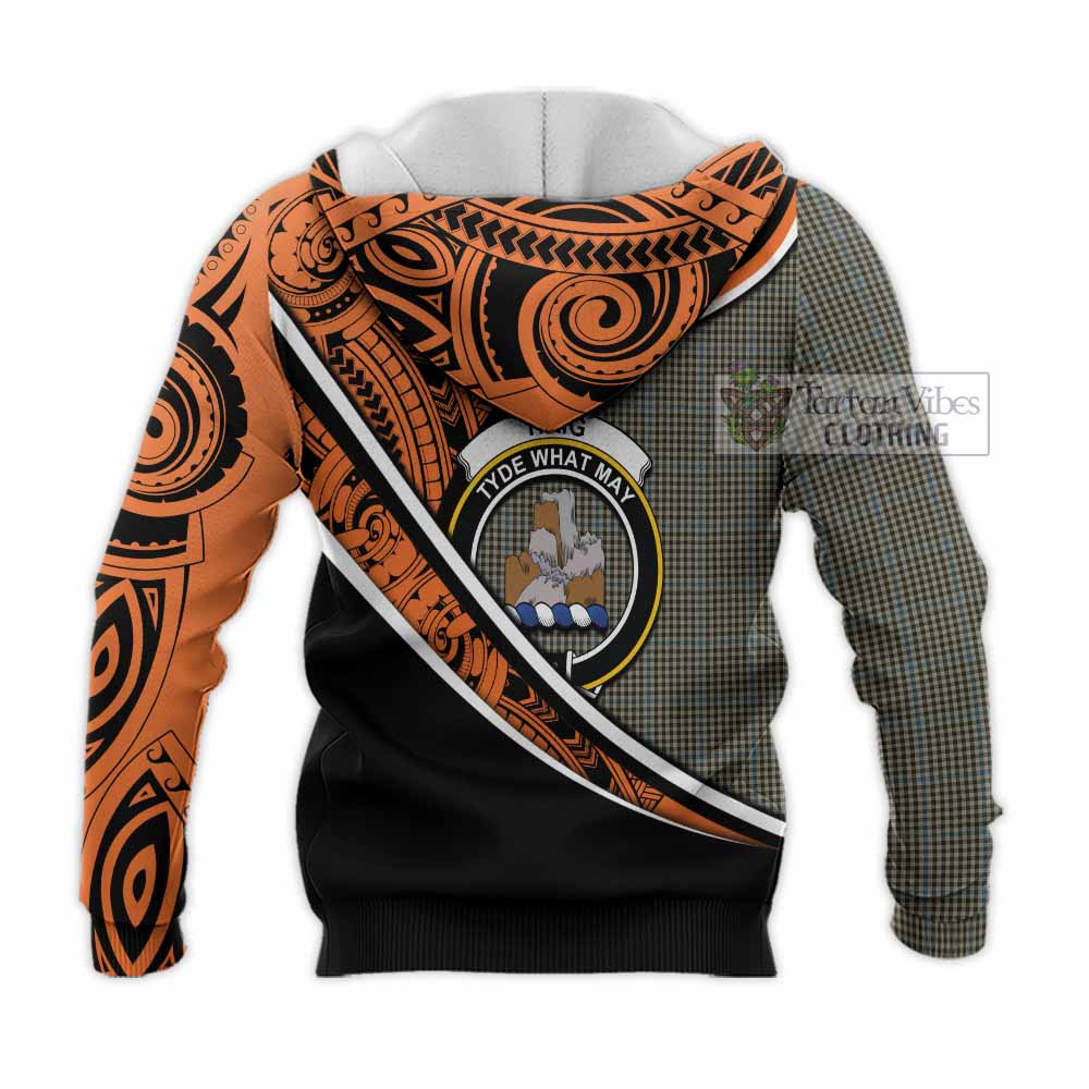 Tartan Vibes Clothing Haig Crest Tartan Knitted Hoodie with Maori Tattoo Style - Orange Version