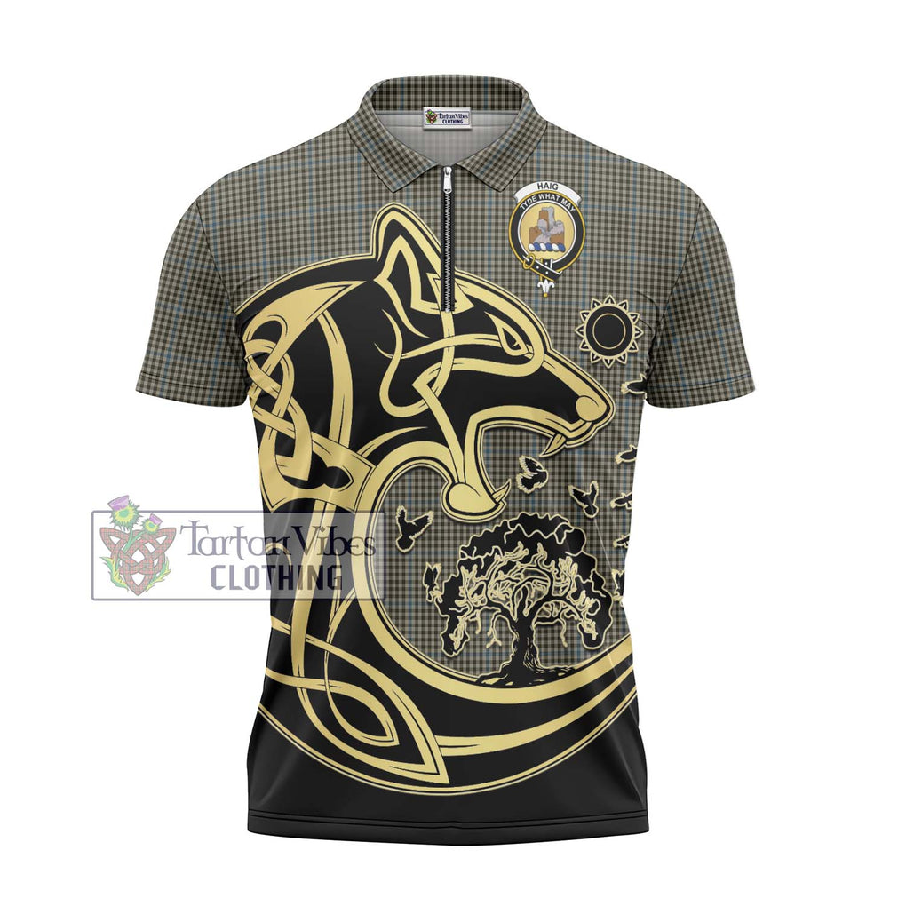 Haig Tartan Zipper Polo Shirt with Family Crest Celtic Wolf Style - Tartanvibesclothing Shop