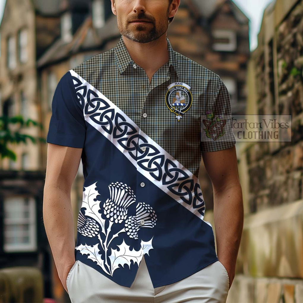 Tartan Vibes Clothing Haig Tartan Short Sleeve Button Shirt Featuring Thistle and Scotland Map