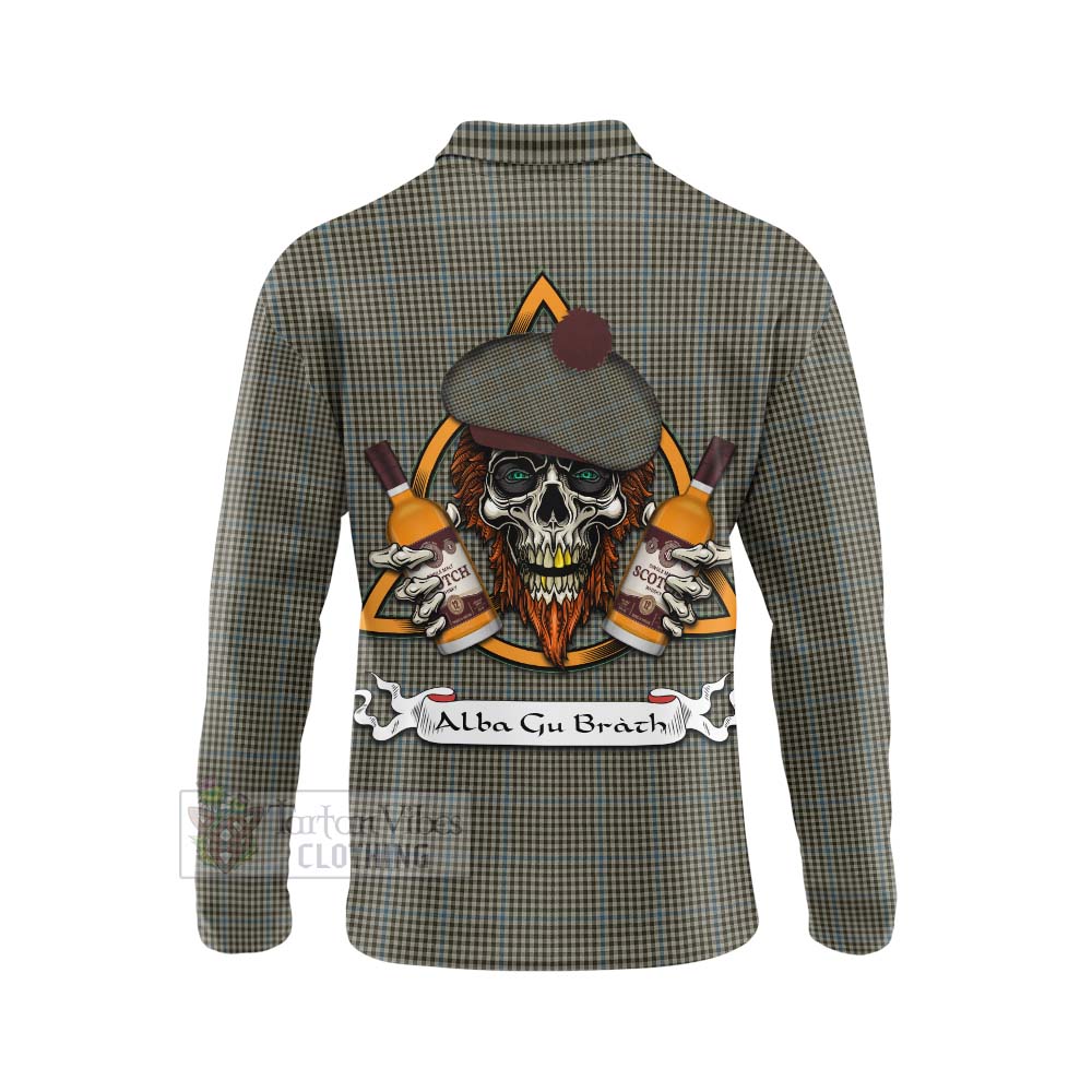 Tartan Vibes Clothing Haig Tartan Long Sleeve Polo Shirt with Family Crest and Bearded Skull Holding Bottles of Whiskey