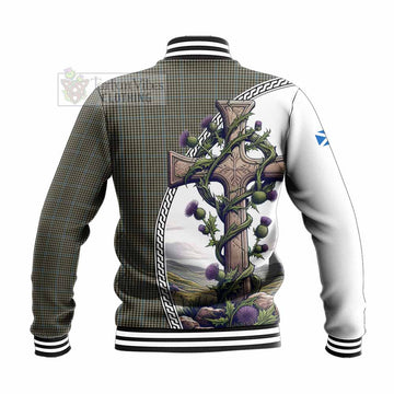 Haig Tartan Baseball Jacket with Family Crest and St. Andrew's Cross Accented by Thistle Vines