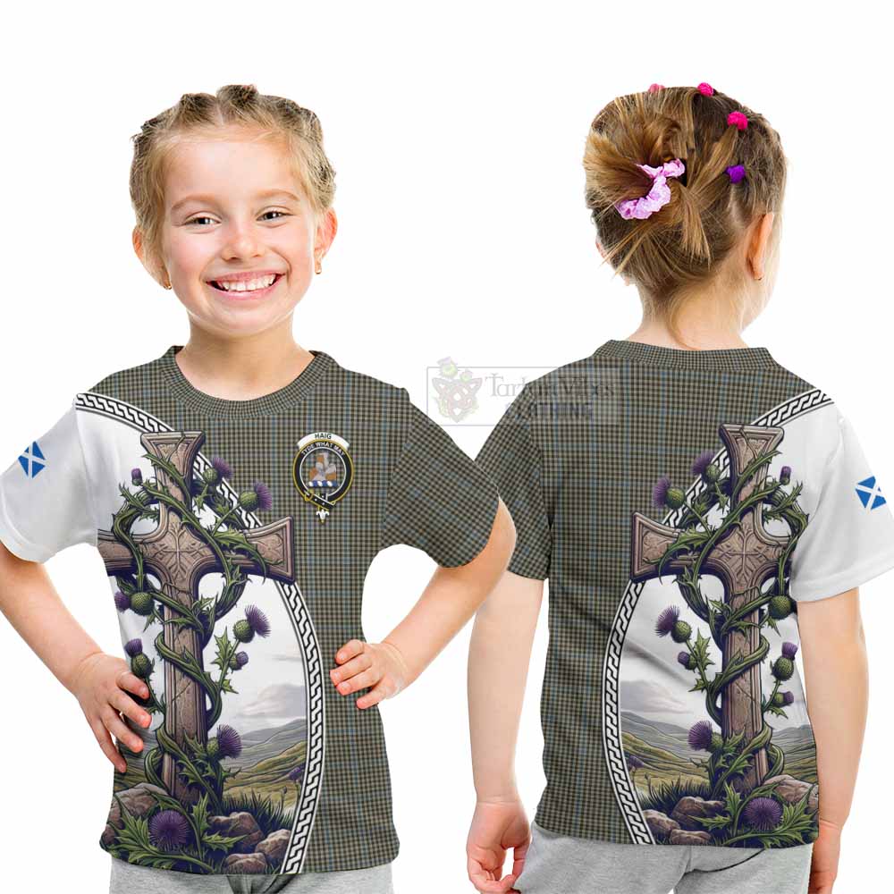 Tartan Vibes Clothing Haig Tartan Kid T-Shirt with Family Crest and St. Andrew's Cross Accented by Thistle Vines