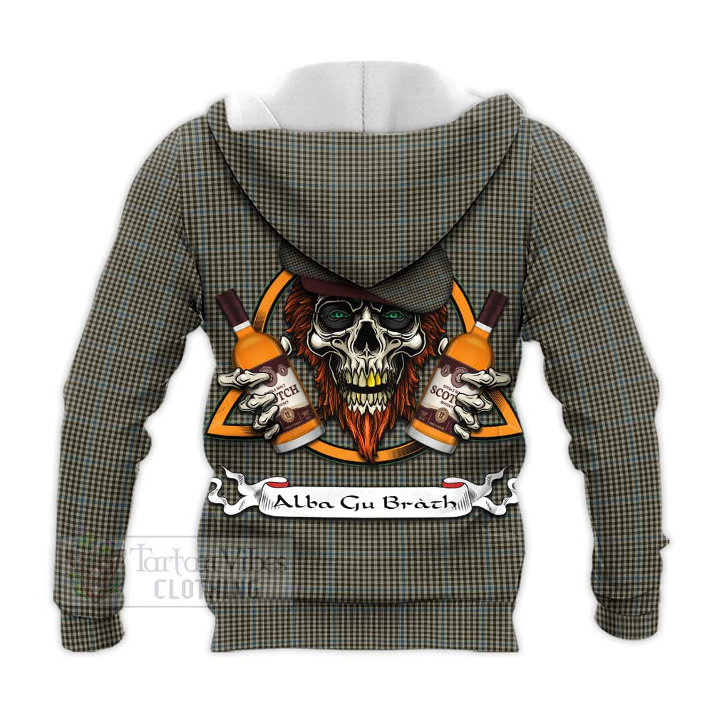 Tartan Vibes Clothing Haig Tartan Knitted Hoodie with Family Crest and Bearded Skull Holding Bottles of Whiskey