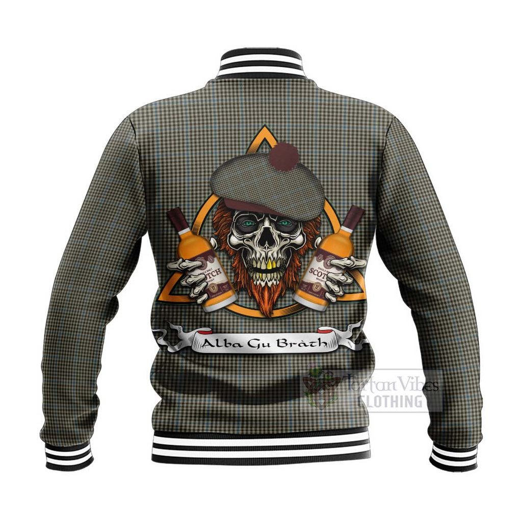 Tartan Vibes Clothing Haig Tartan Baseball Jacket with Family Crest and Bearded Skull Holding Bottles of Whiskey