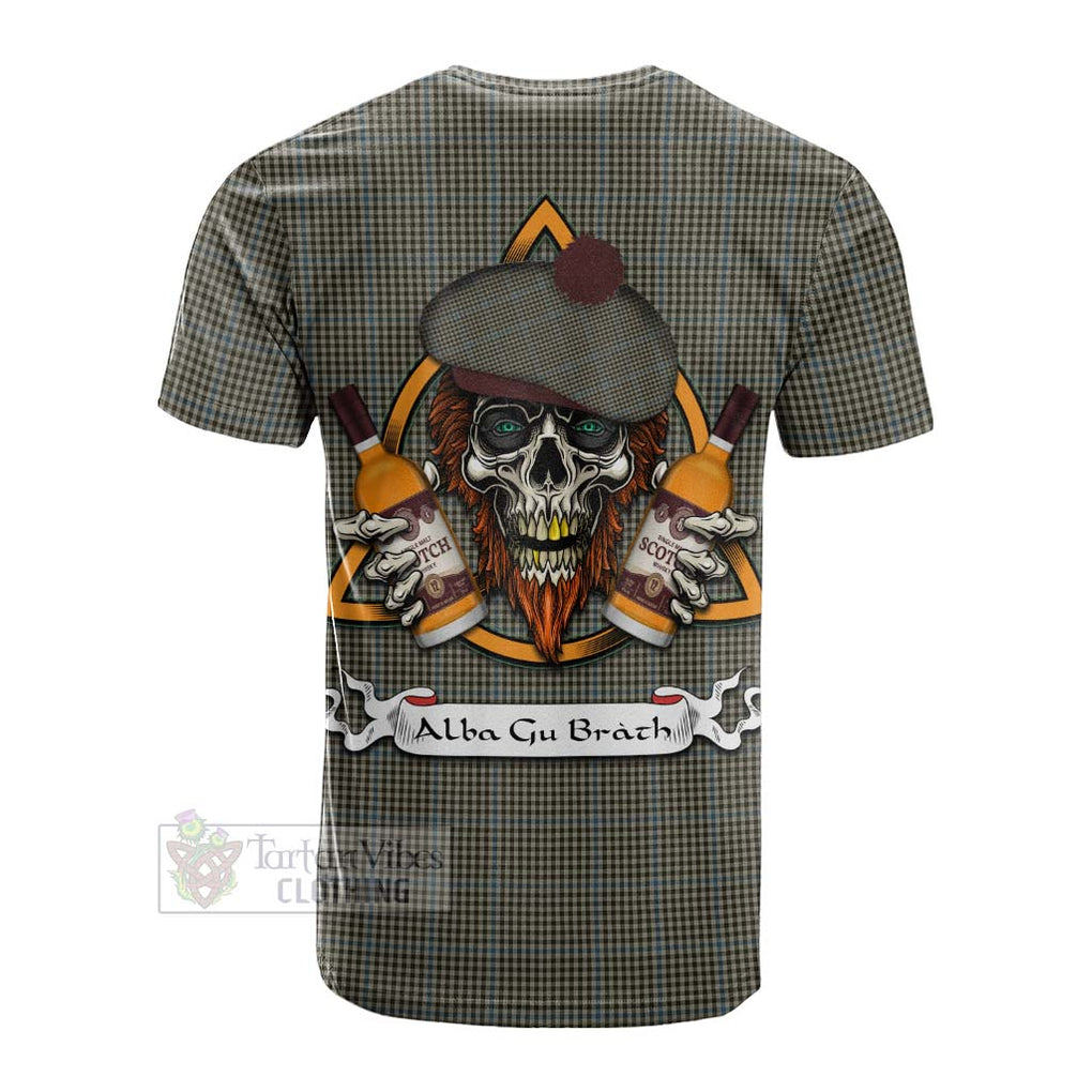 Tartan Vibes Clothing Haig Tartan Cotton T-shirt with Family Crest and Bearded Skull Holding Bottles of Whiskey