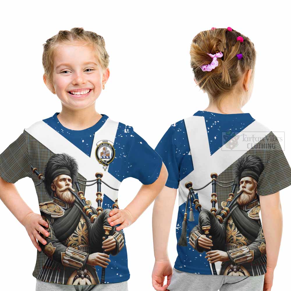 Tartan Vibes Clothing Haig Tartan Kid T-Shirt with Family Crest Scottish Bagpiper Vibes