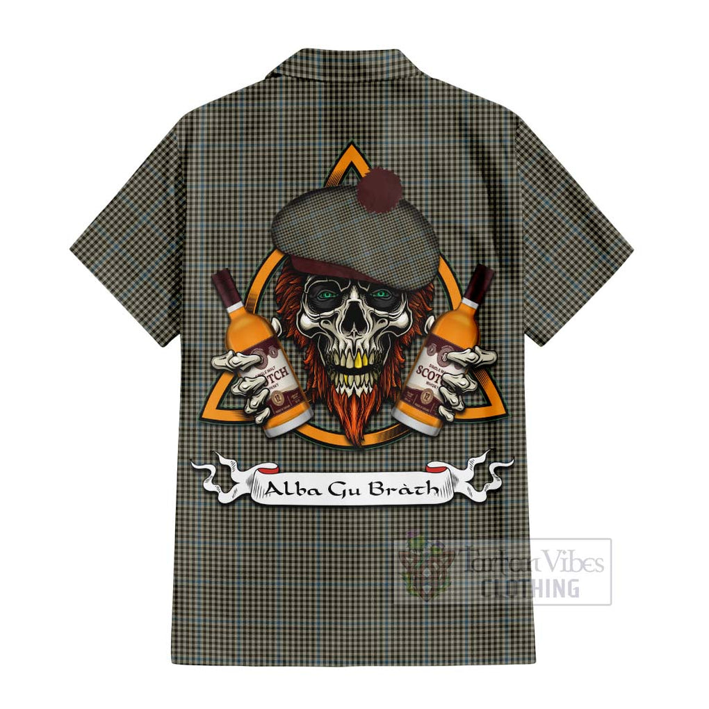 Tartan Vibes Clothing Haig Tartan Short Sleeve Button Shirt with Family Crest and Bearded Skull Holding Bottles of Whiskey