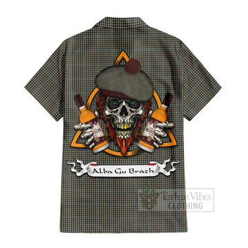 Haig Tartan Short Sleeve Button Shirt with Family Crest and Bearded Skull Holding Bottles of Whiskey