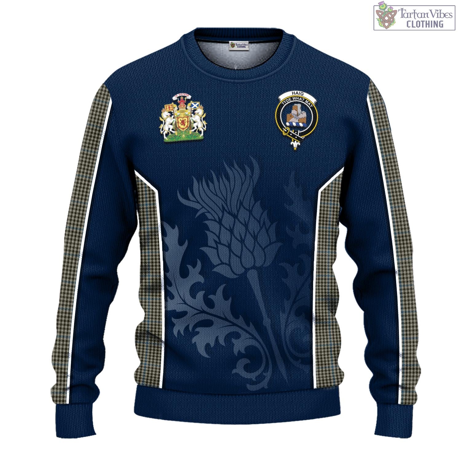 Tartan Vibes Clothing Haig Tartan Knitted Sweatshirt with Family Crest and Scottish Thistle Vibes Sport Style