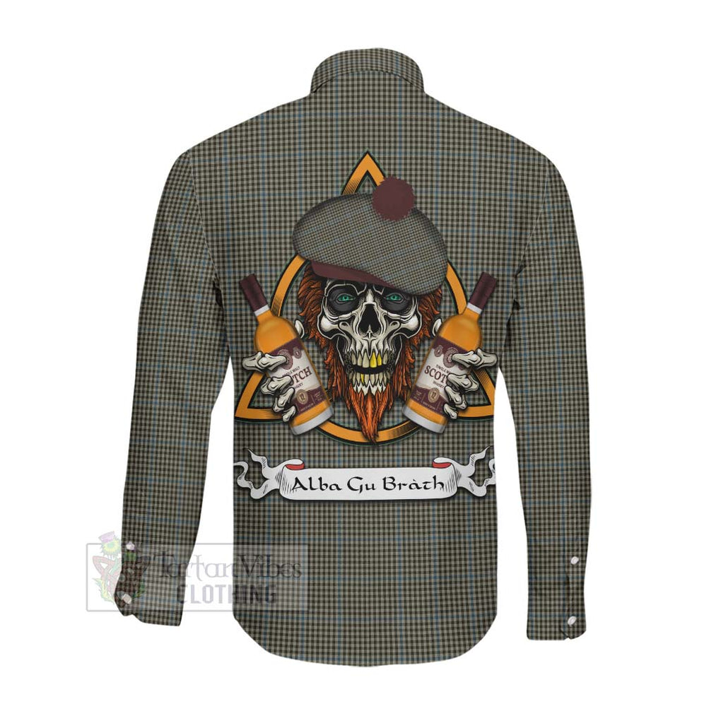 Tartan Vibes Clothing Haig Tartan Long Sleeve Button Shirt with Family Crest and Bearded Skull Holding Bottles of Whiskey