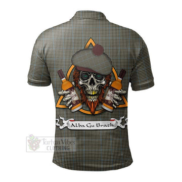 Haig Tartan Polo Shirt with Family Crest and Bearded Skull Holding Bottles of Whiskey