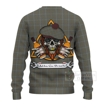 Haig Tartan Ugly Sweater with Family Crest and Bearded Skull Holding Bottles of Whiskey