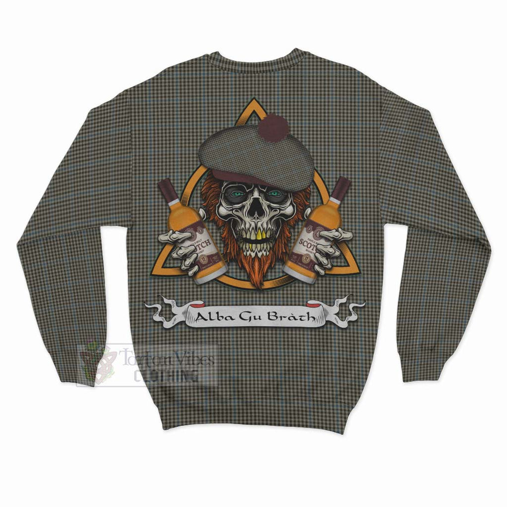 Tartan Vibes Clothing Haig Tartan Sweatshirt with Family Crest and Bearded Skull Holding Bottles of Whiskey