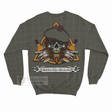 Haig Tartan Sweatshirt with Family Crest and Bearded Skull Holding Bottles of Whiskey