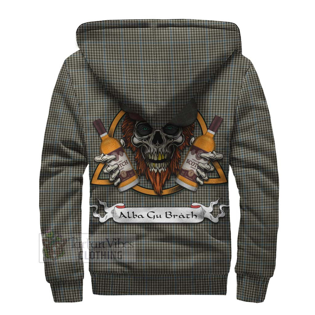 Tartan Vibes Clothing Haig Tartan Sherpa Hoodie with Family Crest and Bearded Skull Holding Bottles of Whiskey