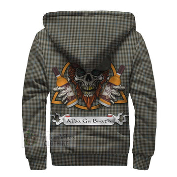 Haig Tartan Sherpa Hoodie with Family Crest and Bearded Skull Holding Bottles of Whiskey