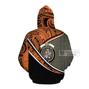 Haig Crest Tartan Cotton Hoodie with Polynesian Vibes Style - Orange Version