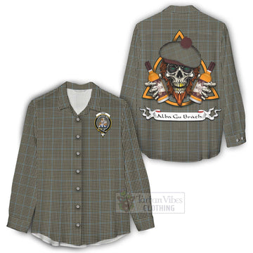 Haig Tartan Women's Casual Shirt with Family Crest and Bearded Skull Holding Bottles of Whiskey