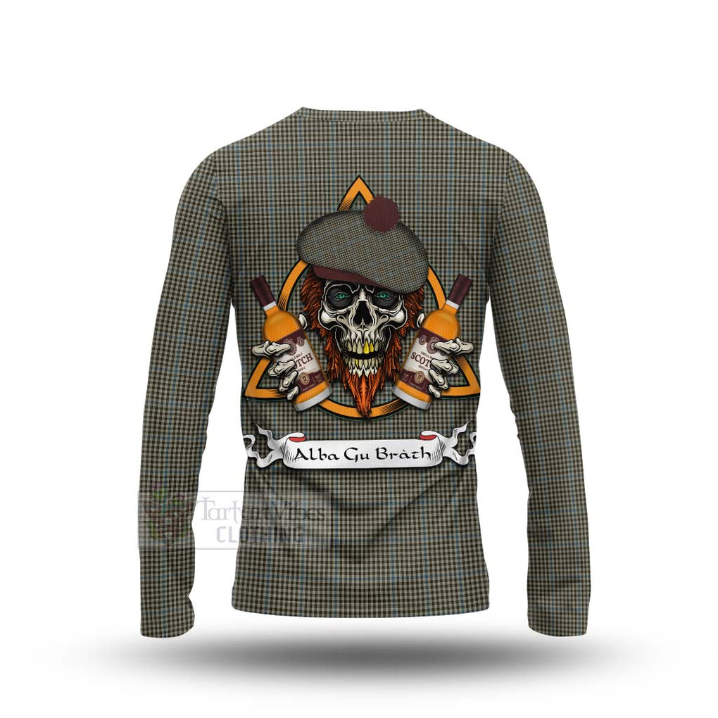 Tartan Vibes Clothing Haig Tartan Long Sleeve T-Shirt with Family Crest and Bearded Skull Holding Bottles of Whiskey