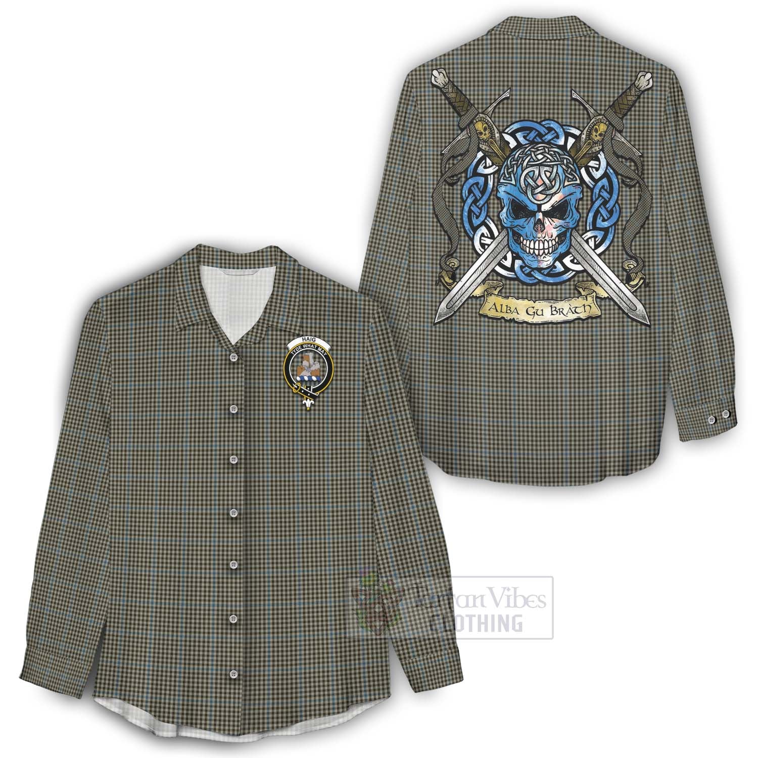 Tartan Vibes Clothing Haig Tartan Women's Casual Shirt with Family Crest Celtic Skull Style