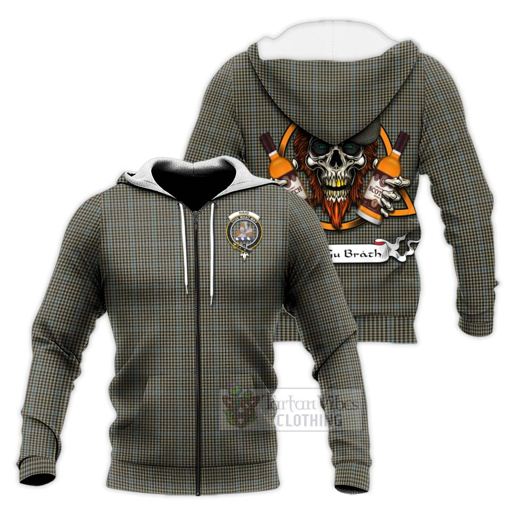 Tartan Vibes Clothing Haig Tartan Knitted Hoodie with Family Crest and Bearded Skull Holding Bottles of Whiskey