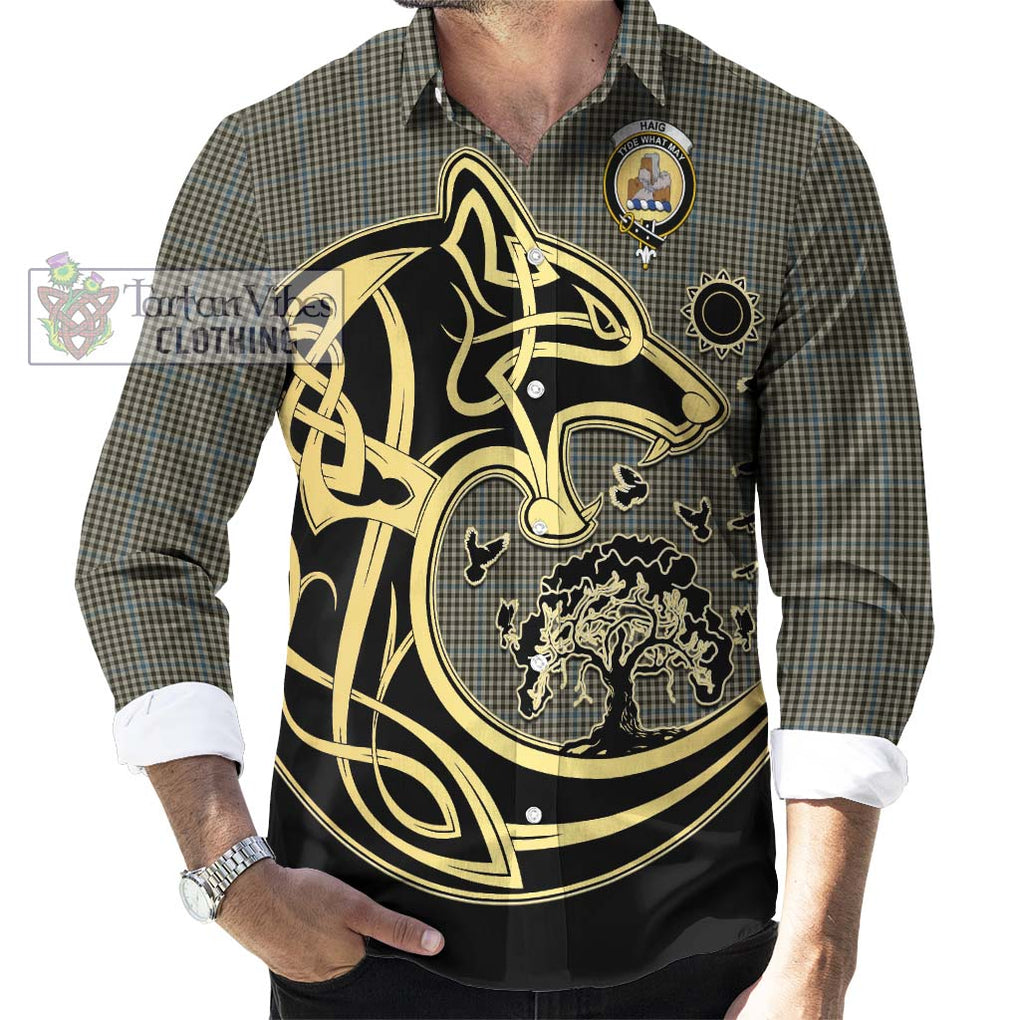 Haig Tartan Long Sleeve Button Shirt with Family Crest Celtic Wolf Style - Tartan Vibes Clothing