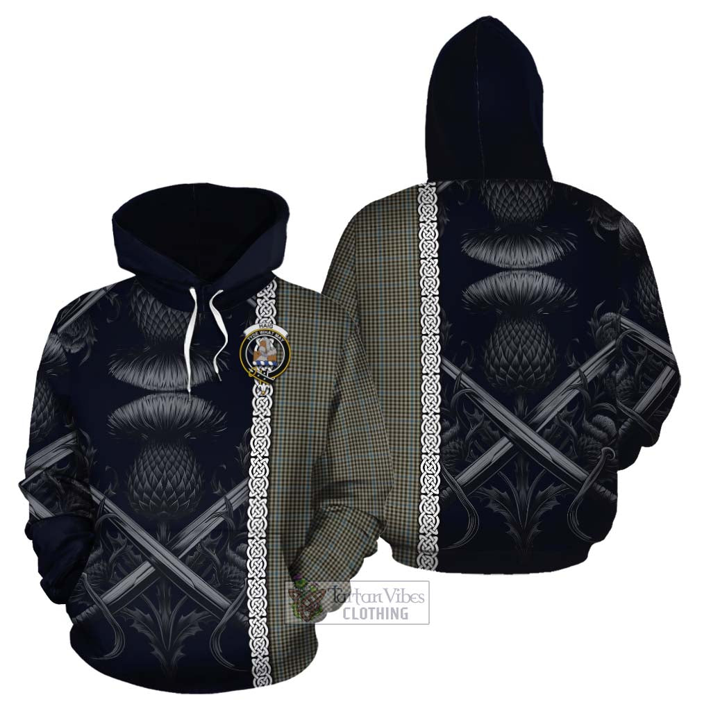 Tartan Vibes Clothing Haig Tartan Cotton Hoodie with Family Crest Cross Sword Thistle Celtic Vibes