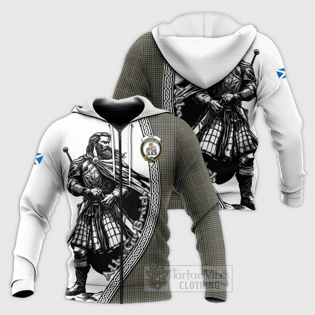 Tartan Vibes Clothing Haig Tartan Clan Crest Knitted Hoodie with Highlander Warrior Celtic Style