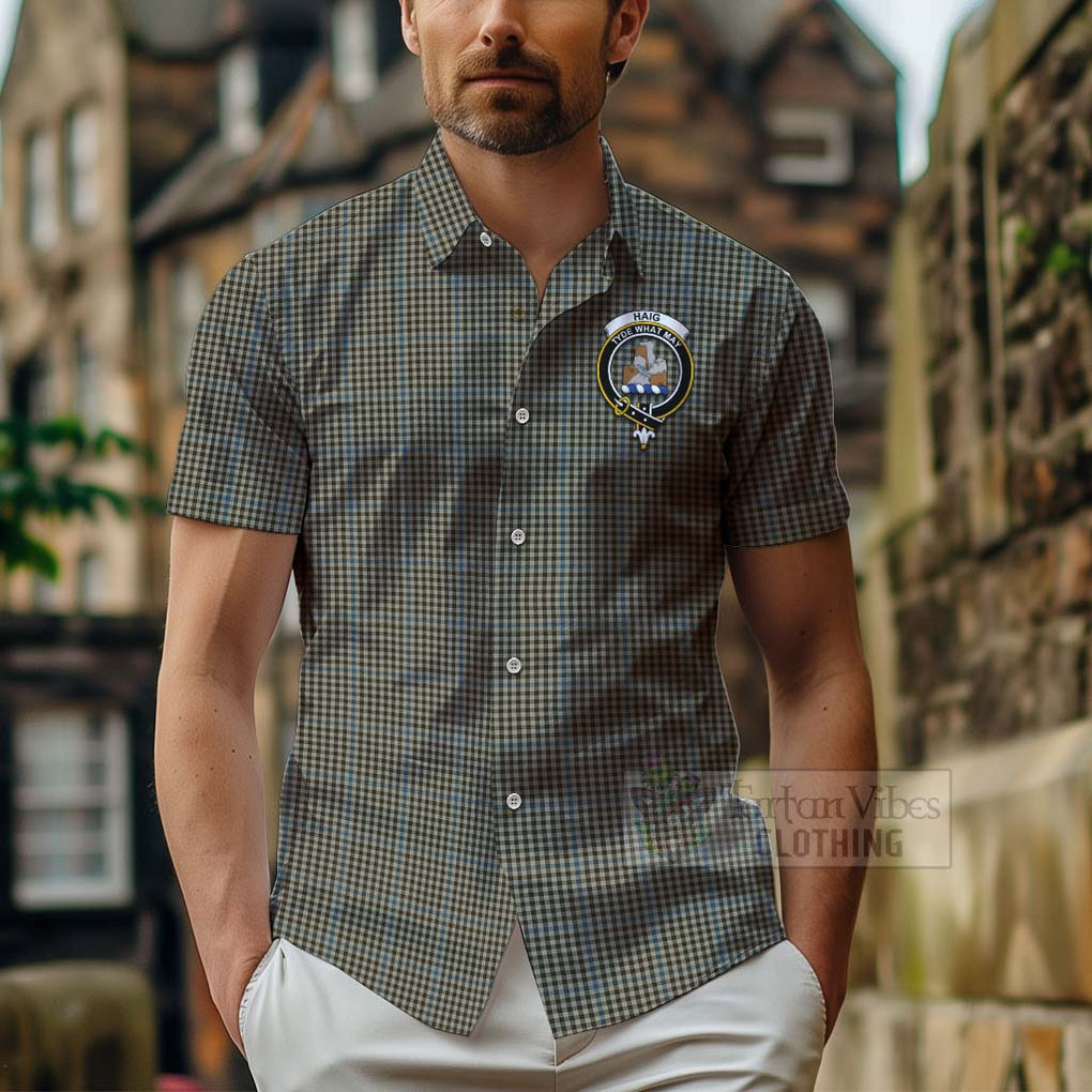 Tartan Vibes Clothing Haig Tartan Short Sleeve Button Shirt with Family Crest and Bearded Skull Holding Bottles of Whiskey