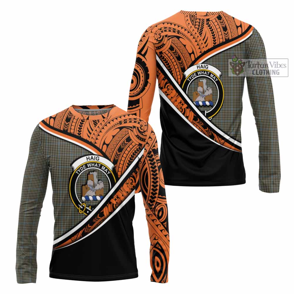 Tartan Vibes Clothing Haig Crest Tartan Long Sleeve T-Shirt with Maori Tattoo Style - Orange Version