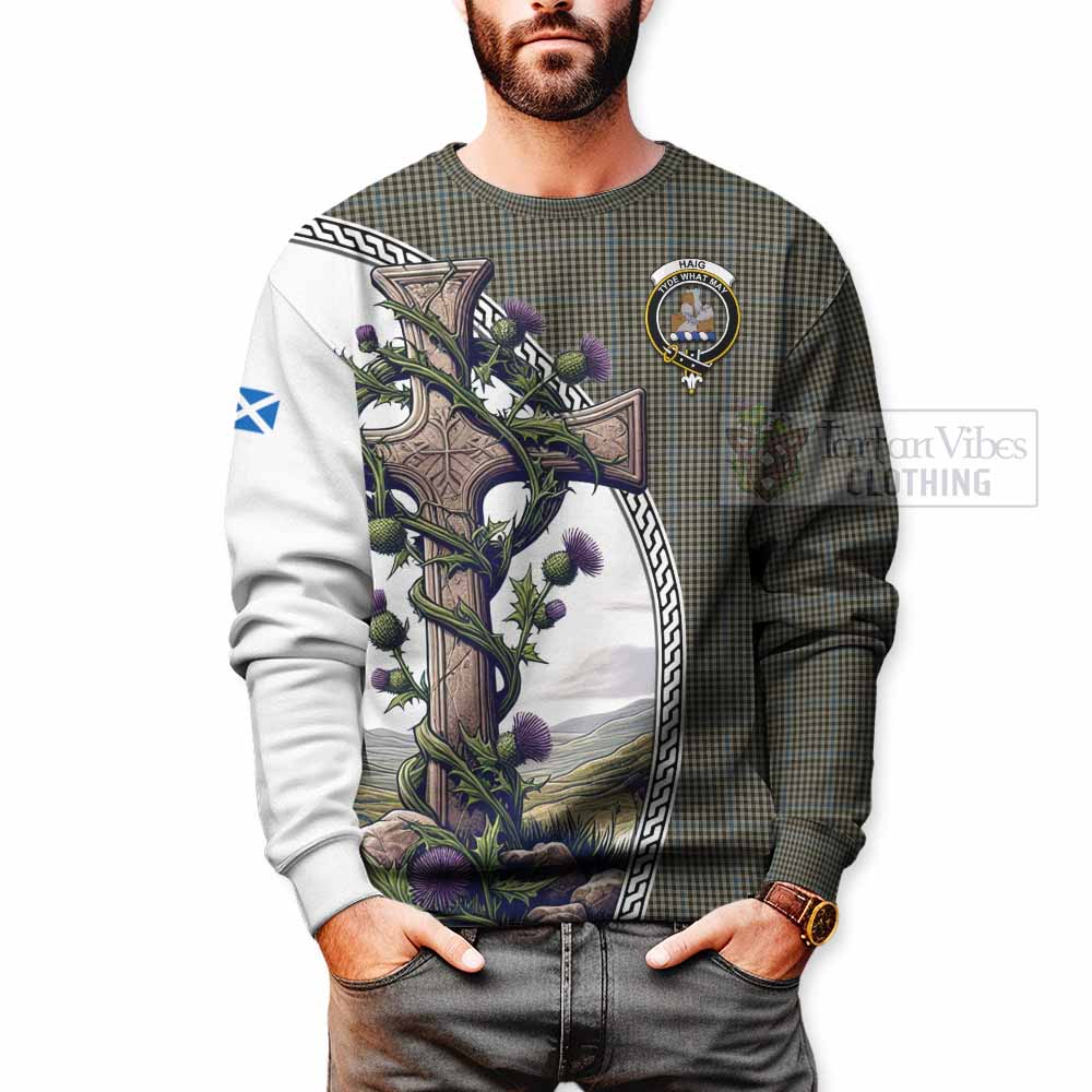 Tartan Vibes Clothing Haig Tartan Sweatshirt with Family Crest and St. Andrew's Cross Accented by Thistle Vines