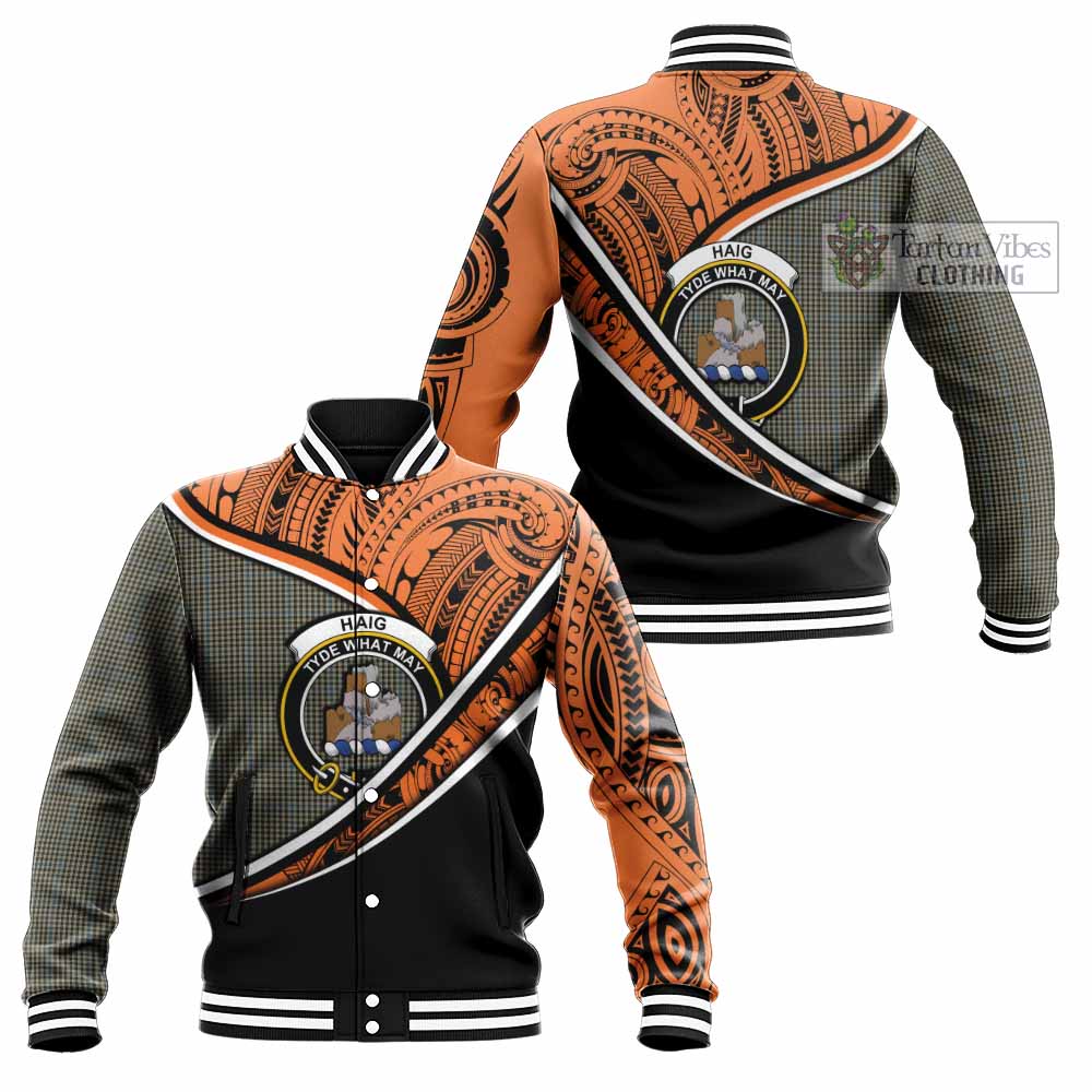 Tartan Vibes Clothing Haig Crest Tartan Baseball Jacket with Maori Tattoo Style - Orange Version