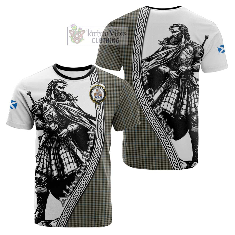 Haig Tartan Clan Crest Cotton T-shirt with Highlander Warrior Celtic Style