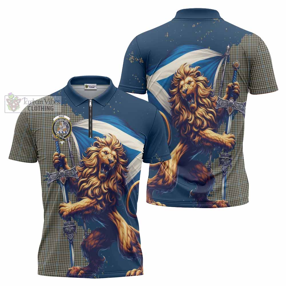 Tartan Vibes Clothing Haig Tartan Family Crest Zipper Polo Shirt with Scottish Majestic Lion