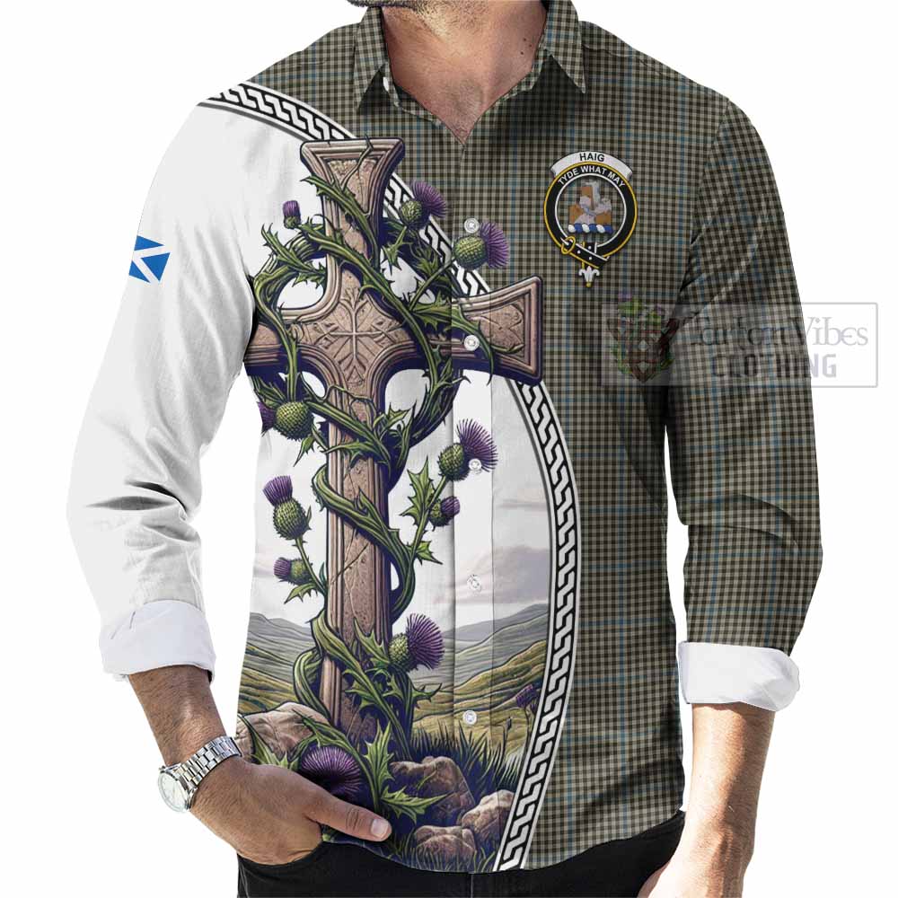 Tartan Vibes Clothing Haig Tartan Long Sleeve Button Shirt with Family Crest and St. Andrew's Cross Accented by Thistle Vines