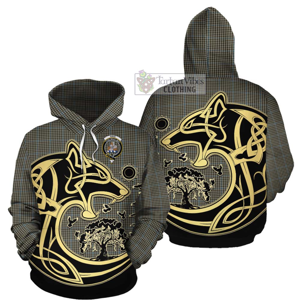 Tartan Vibes Clothing Haig Tartan Cotton Hoodie with Family Crest Celtic Wolf Style