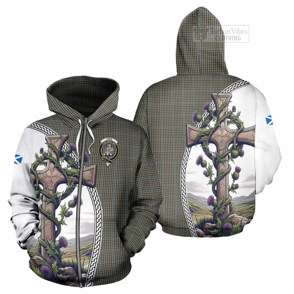 Tartan Vibes Clothing Haig Tartan Hoodie with Family Crest and St. Andrew's Cross Accented by Thistle Vines