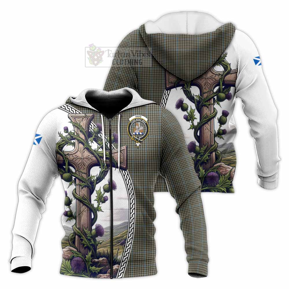 Tartan Vibes Clothing Haig Tartan Knitted Hoodie with Family Crest and St. Andrew's Cross Accented by Thistle Vines