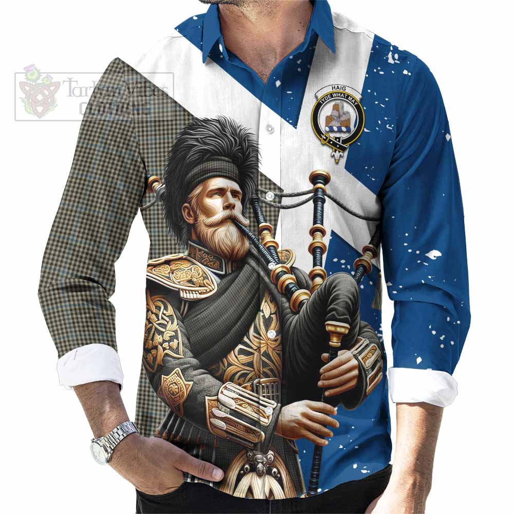 Tartan Vibes Clothing Haig Tartan Long Sleeve Button Shirt with Family Crest Scottish Bagpiper Vibes