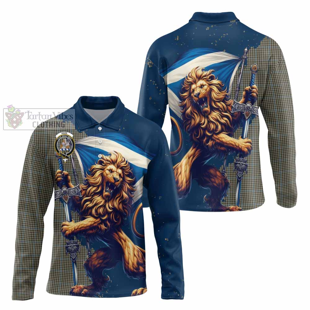 Tartan Vibes Clothing Haig Tartan Family Crest Long Sleeve Polo Shirt with Scottish Majestic Lion